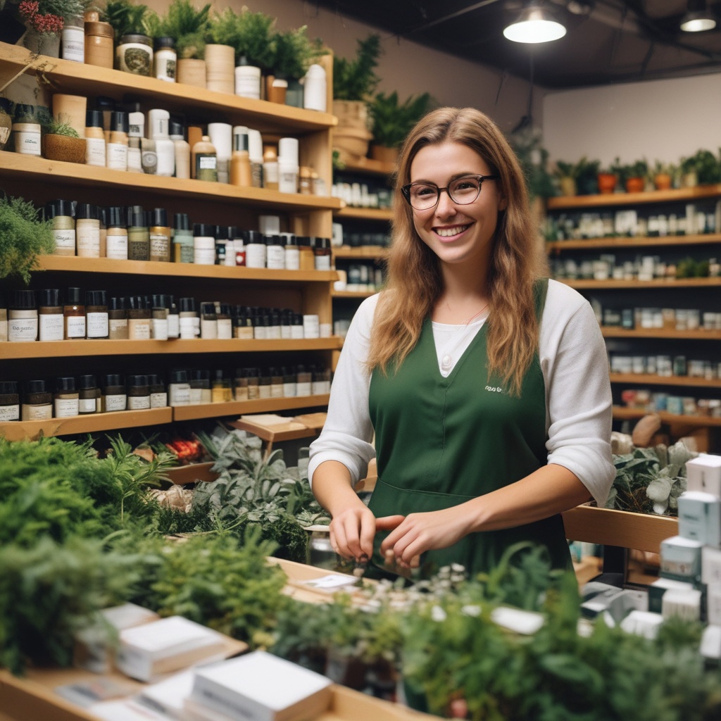 Friendly retail associate in a plant-based beauty store